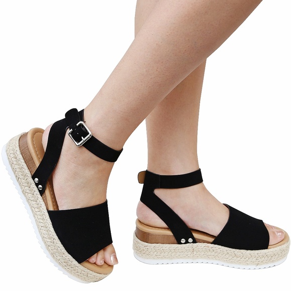 New Soda Black Platform Espadrille Wedge Sandal - Picture 2 of 4